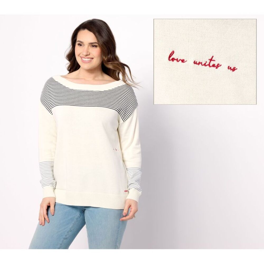 Peace Love World Women's Top Sz S Unites Us Striped Cotton Beige A643748
